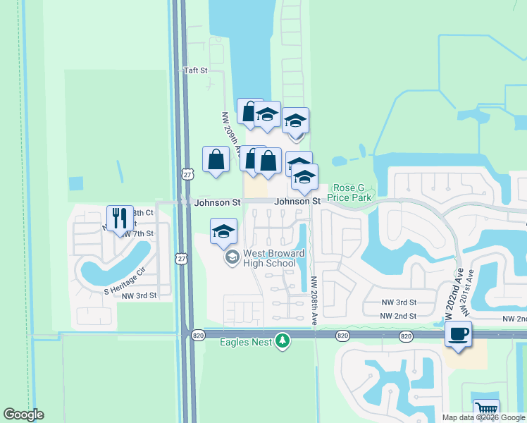 map of restaurants, bars, coffee shops, grocery stores, and more near 885 Northwest 208th Way in Pembroke Pines