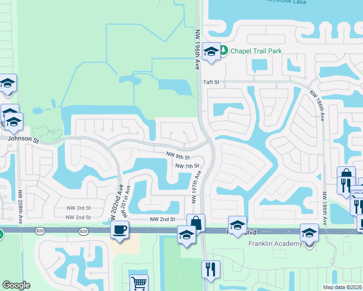 map of restaurants, bars, coffee shops, grocery stores, and more near 19810 Northwest 9th Drive in Pembroke Pines