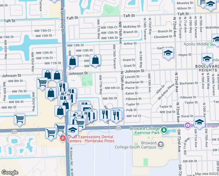 map of restaurants, bars, coffee shops, grocery stores, and more near Northwest 6th Court in Hollywood