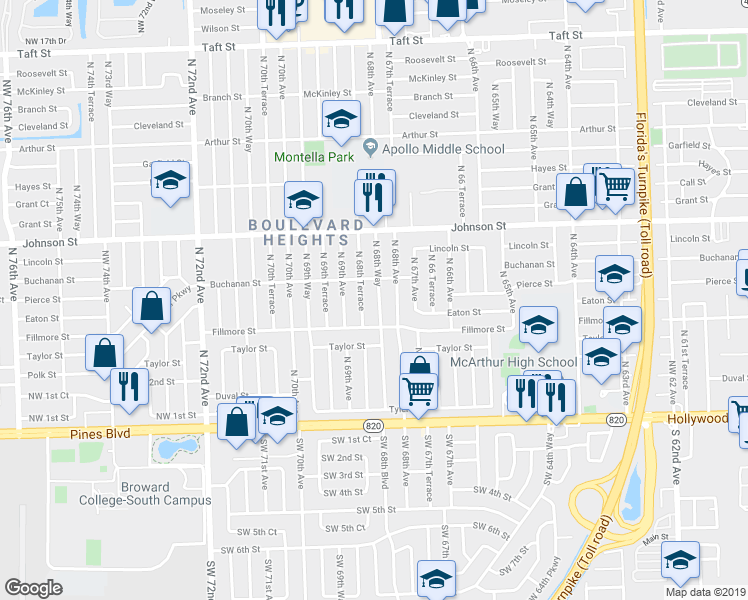map of restaurants, bars, coffee shops, grocery stores, and more near 600 North 68th Way in Hollywood