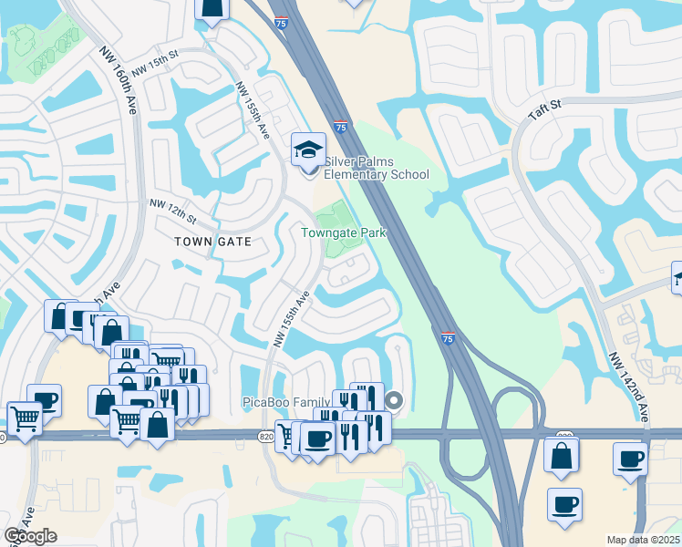 map of restaurants, bars, coffee shops, grocery stores, and more near 15129 Northwest 7th Court in Pembroke Pines