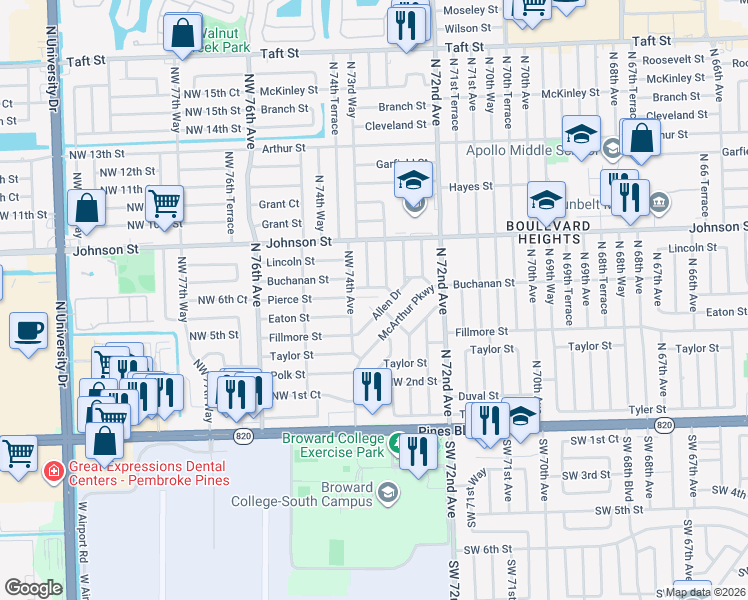 map of restaurants, bars, coffee shops, grocery stores, and more near 7321 Hulmes Terrace in Hollywood