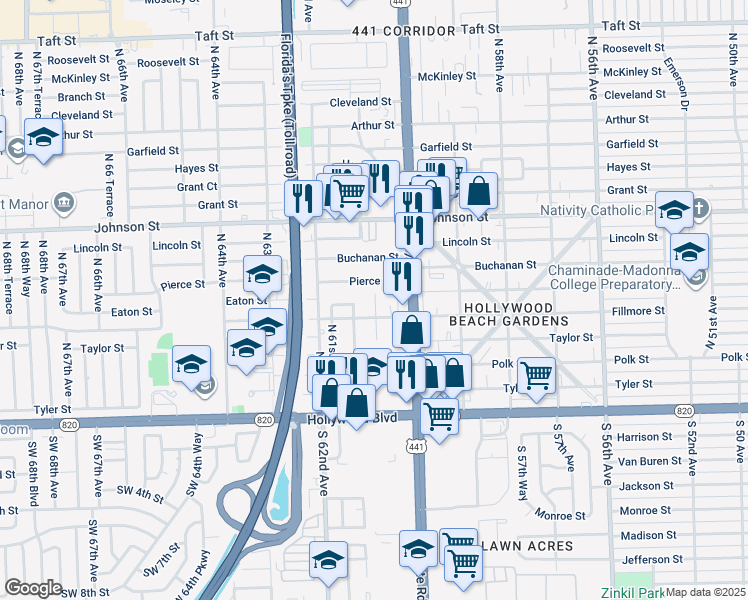 map of restaurants, bars, coffee shops, grocery stores, and more near 514 Northwest 60th Way in Hollywood