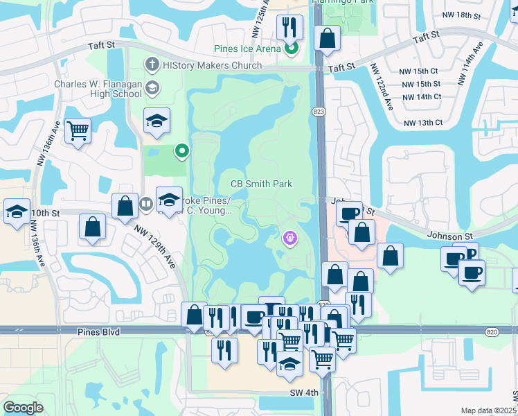 map of restaurants, bars, coffee shops, grocery stores, and more near 900 North Flamingo Road in Pembroke Pines