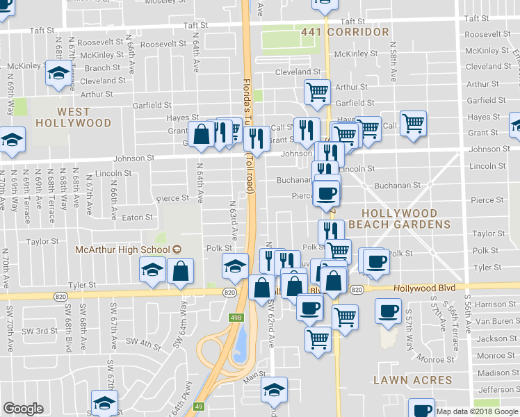 map of restaurants, bars, coffee shops, grocery stores, and more near 6209 Eaton Street in Hollywood