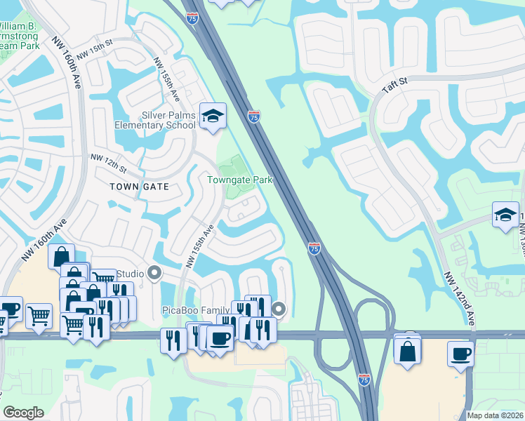 map of restaurants, bars, coffee shops, grocery stores, and more near 15104 Northwest 7th Court in Pembroke Pines