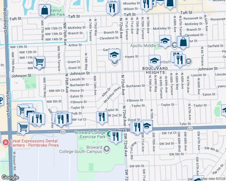 map of restaurants, bars, coffee shops, grocery stores, and more near 7261 McArthur Parkway in Hollywood