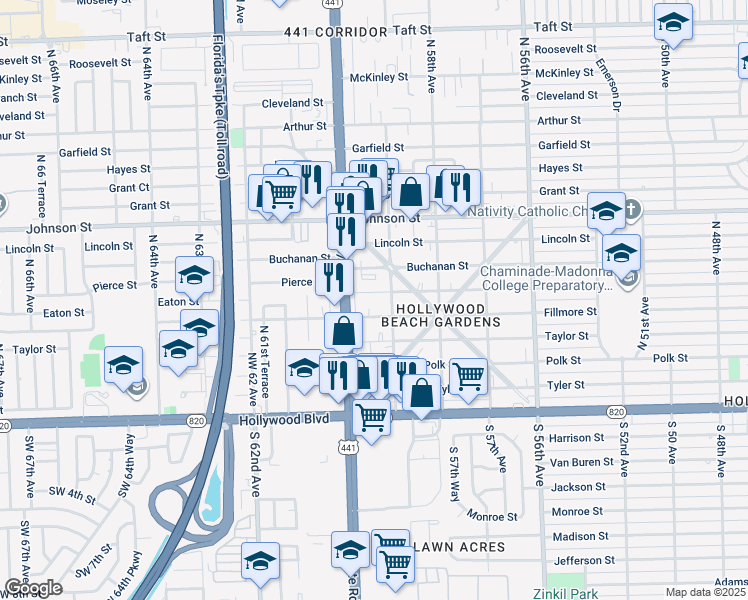 map of restaurants, bars, coffee shops, grocery stores, and more near 5916 Pierce Street in Hollywood