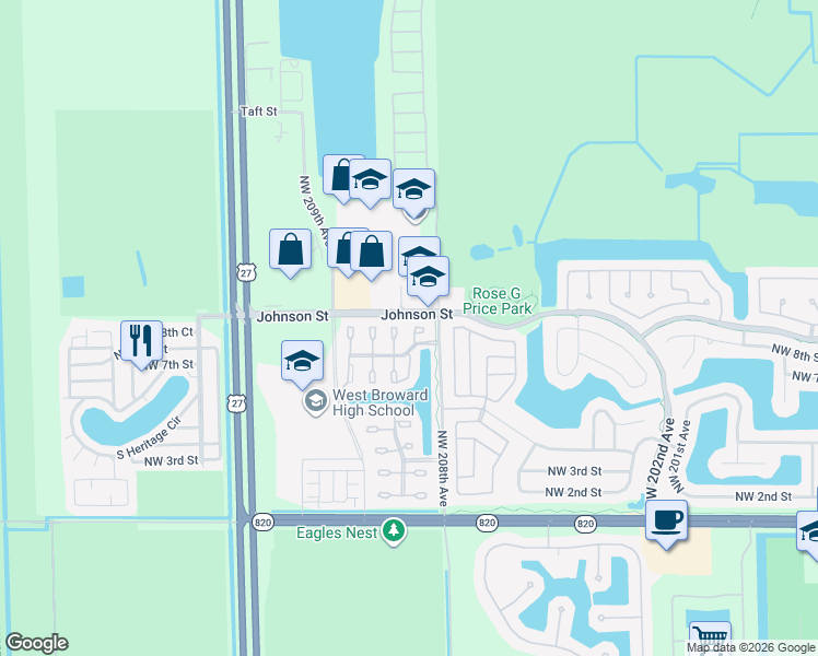 map of restaurants, bars, coffee shops, grocery stores, and more near 820 208th Circle in Pembroke Pines