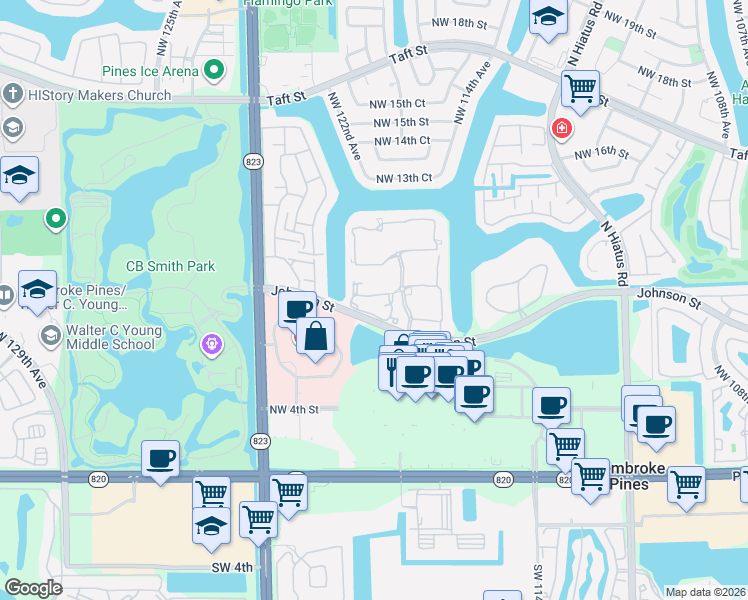 map of restaurants, bars, coffee shops, grocery stores, and more near 12008 Northwest 11th Street in Pembroke Pines