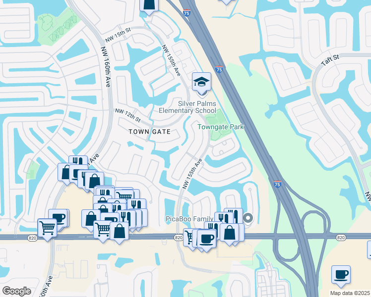 map of restaurants, bars, coffee shops, grocery stores, and more near 728 Northwest 156th Avenue in Pembroke Pines
