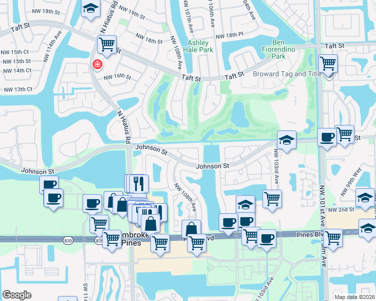 map of restaurants, bars, coffee shops, grocery stores, and more near 10740 Northwest 11th Street in Pembroke Pines