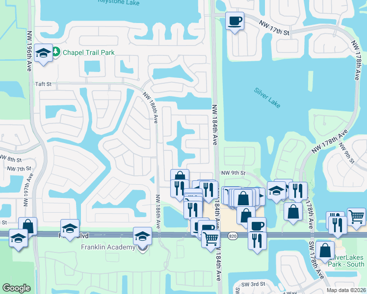 map of restaurants, bars, coffee shops, grocery stores, and more near 1100 Northwest 184th Place in Hollywood