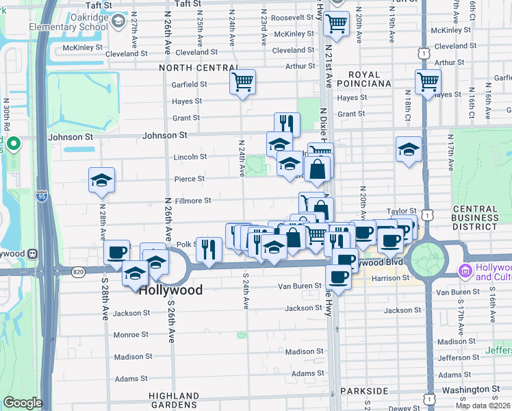 map of restaurants, bars, coffee shops, grocery stores, and more near 2332 Fillmore Street in Hollywood