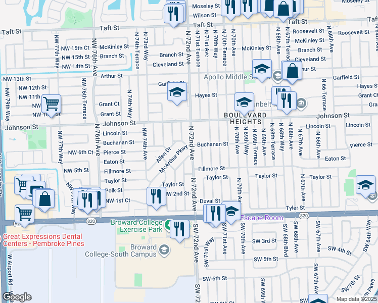 map of restaurants, bars, coffee shops, grocery stores, and more near 610 North 72nd Avenue in Hollywood