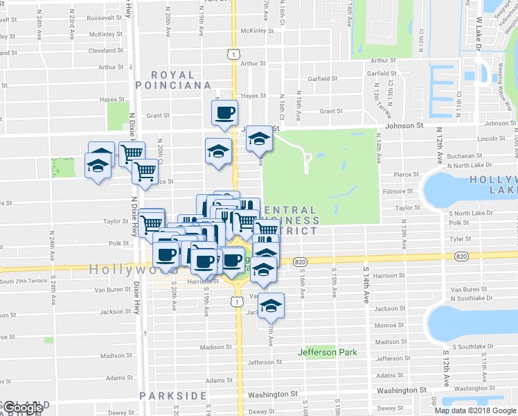 map of restaurants, bars, coffee shops, grocery stores, and more near 1713 Taylor Street in Hollywood