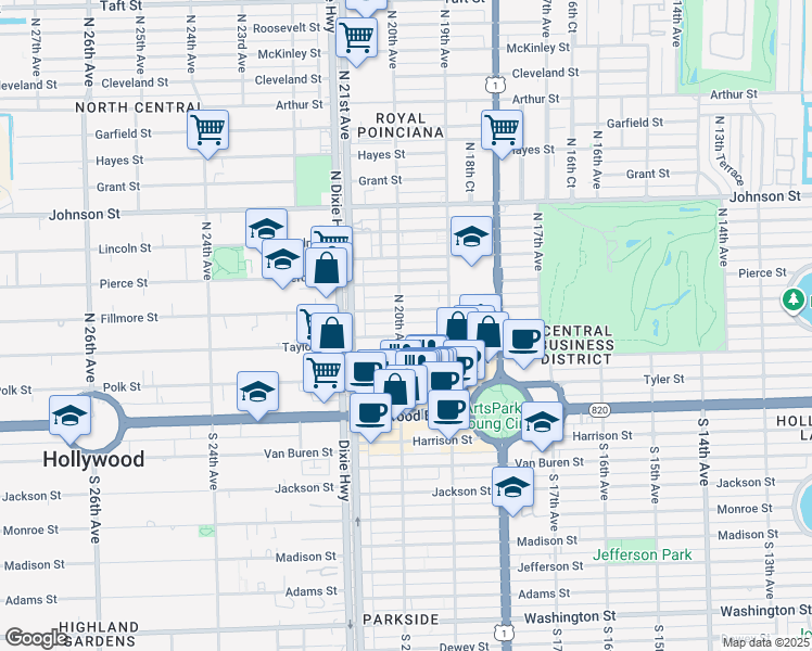 map of restaurants, bars, coffee shops, grocery stores, and more near 1947 Taylor Street in Hollywood