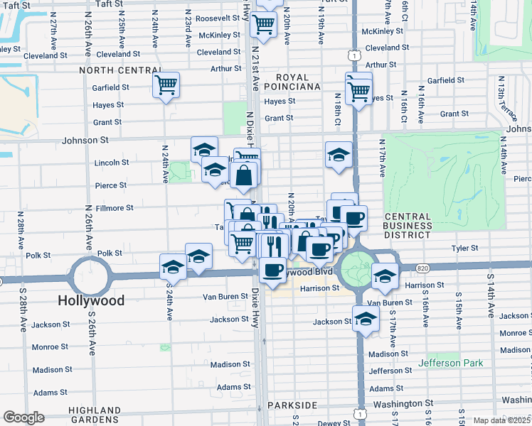 map of restaurants, bars, coffee shops, grocery stores, and more near 2029 Taylor Street in Hollywood