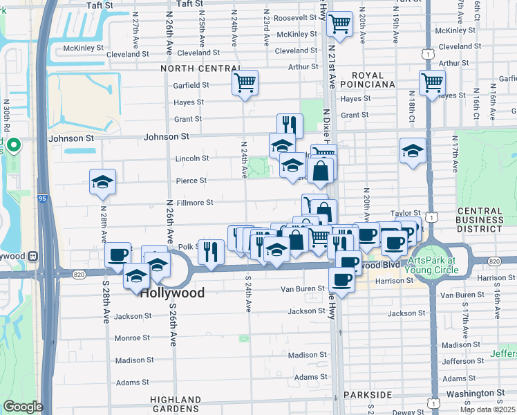 map of restaurants, bars, coffee shops, grocery stores, and more near 2332 Fillmore Street in Hollywood