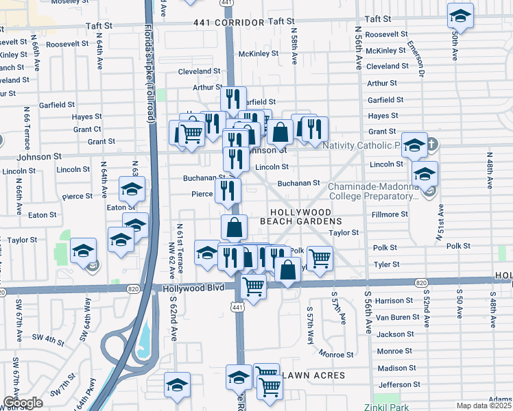 map of restaurants, bars, coffee shops, grocery stores, and more near 5916 Pierce Street in Hollywood