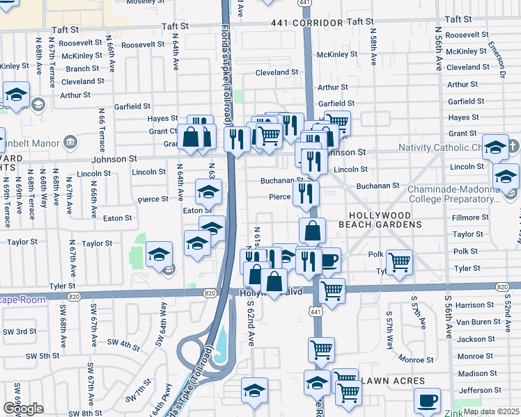 map of restaurants, bars, coffee shops, grocery stores, and more near 6131 Eaton Street in Hollywood