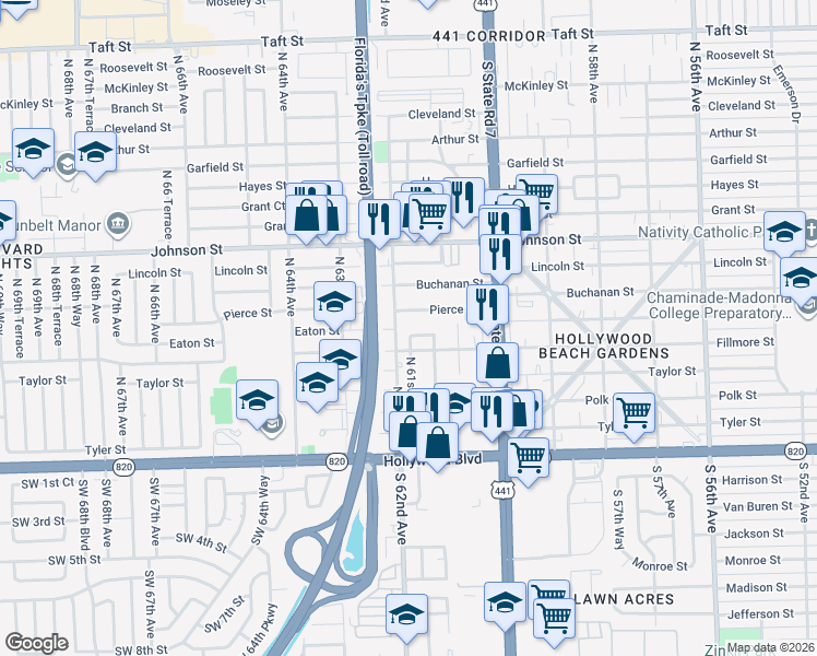 map of restaurants, bars, coffee shops, grocery stores, and more near 6131 Eaton Street in Hollywood