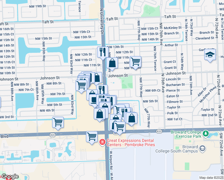 map of restaurants, bars, coffee shops, grocery stores, and more near 7980 North French Drive in Pembroke Pines