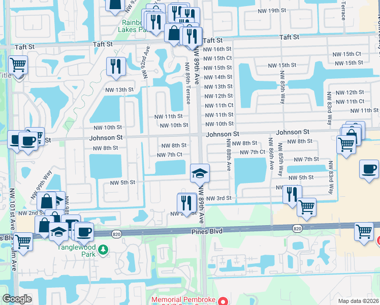 map of restaurants, bars, coffee shops, grocery stores, and more near 8901 Northwest 7th Court in Pembroke Pines