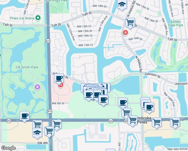 map of restaurants, bars, coffee shops, grocery stores, and more near 11600 Northwest 11th Street in Pembroke Pines