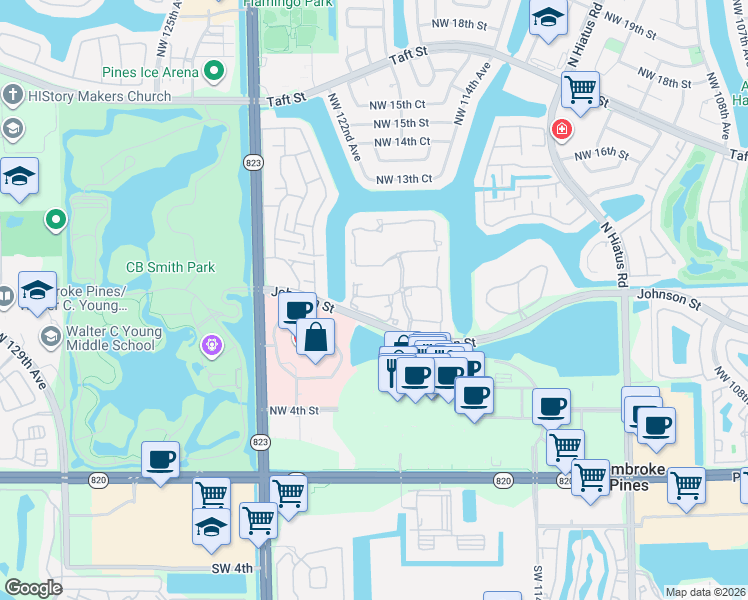 map of restaurants, bars, coffee shops, grocery stores, and more near 12008 Northwest 11th Street in Pembroke Pines
