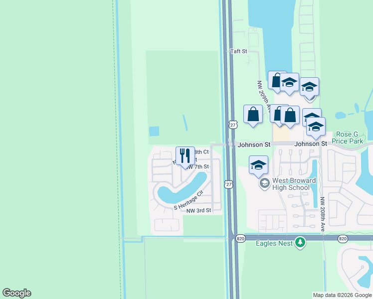 map of restaurants, bars, coffee shops, grocery stores, and more near 21641 Northwest 8th Court in Pembroke Pines