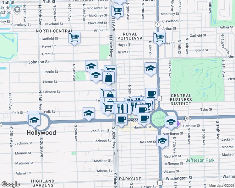 map of restaurants, bars, coffee shops, grocery stores, and more near 421 North 21st Avenue in Hollywood