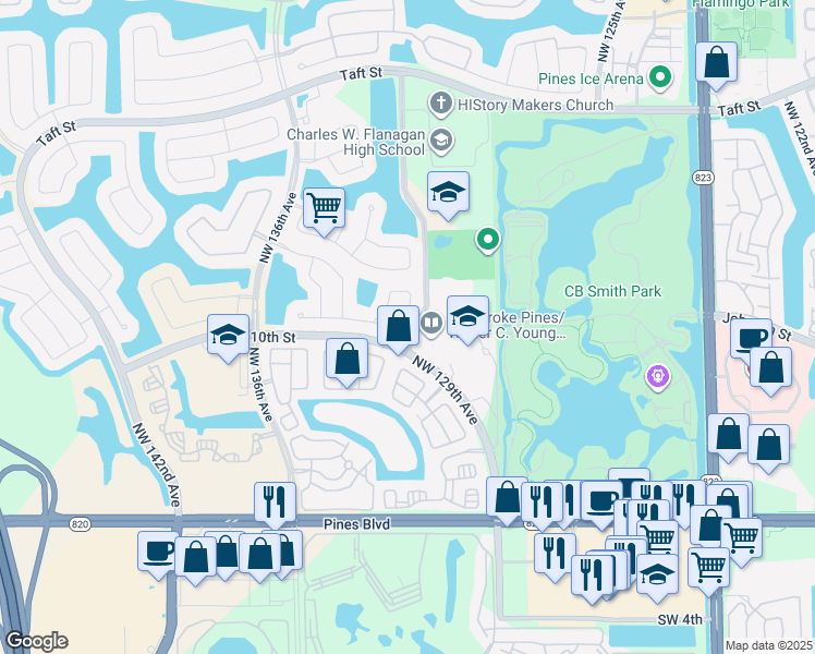 map of restaurants, bars, coffee shops, grocery stores, and more near 1121 Northwest 130th Avenue in Pembroke Pines