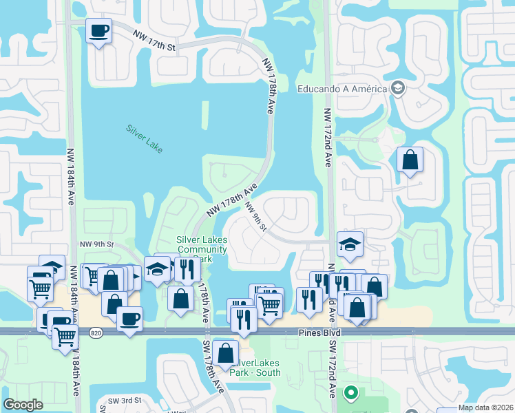 map of restaurants, bars, coffee shops, grocery stores, and more near 17570 Northwest 10th Street in Pembroke Pines