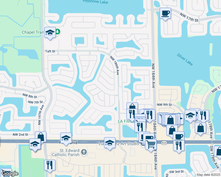 map of restaurants, bars, coffee shops, grocery stores, and more near 18801 Northwest 12th Street in Pembroke Pines