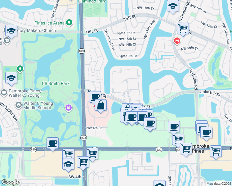 map of restaurants, bars, coffee shops, grocery stores, and more near 12008 Northwest 11th Street in Pembroke Pines