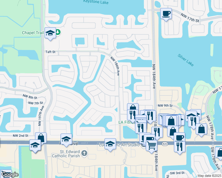 map of restaurants, bars, coffee shops, grocery stores, and more near 18801 Northwest 12th Street in Pembroke Pines