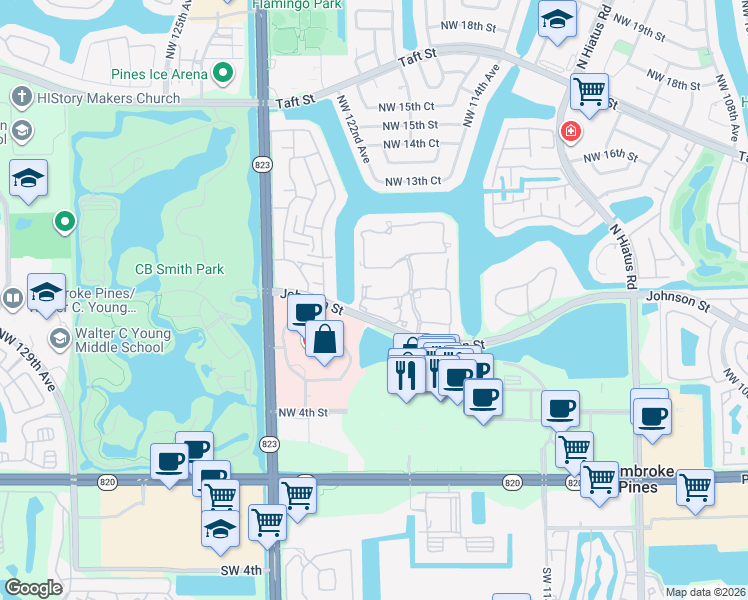 map of restaurants, bars, coffee shops, grocery stores, and more near 12008 Northwest 11th Street in Pembroke Pines