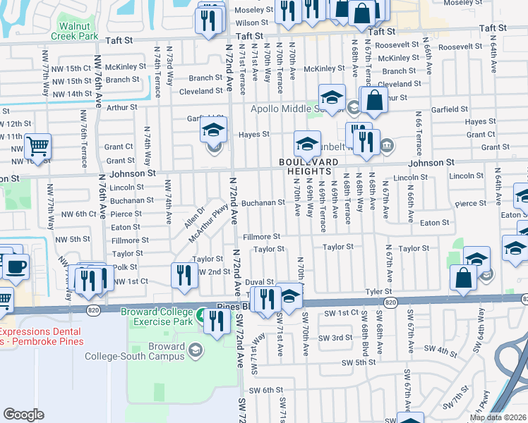 map of restaurants, bars, coffee shops, grocery stores, and more near 621 North 71st Avenue in Hollywood