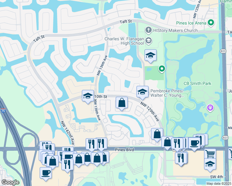 map of restaurants, bars, coffee shops, grocery stores, and more near 13282 Northwest 11th Street in Pembroke Pines