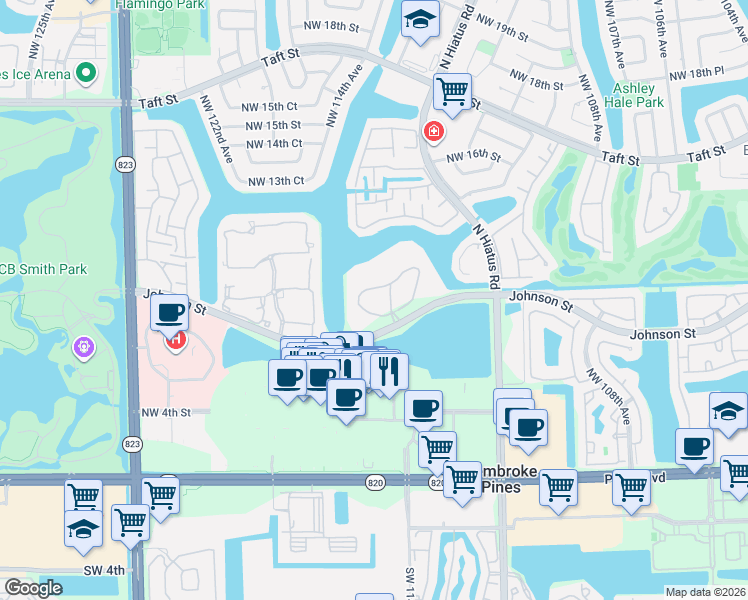 map of restaurants, bars, coffee shops, grocery stores, and more near 1000 Colony Point Circle in Pembroke Pines