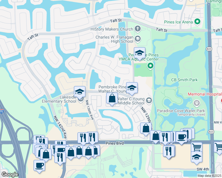 map of restaurants, bars, coffee shops, grocery stores, and more near 13202 Northwest 11th Street in Pembroke Pines