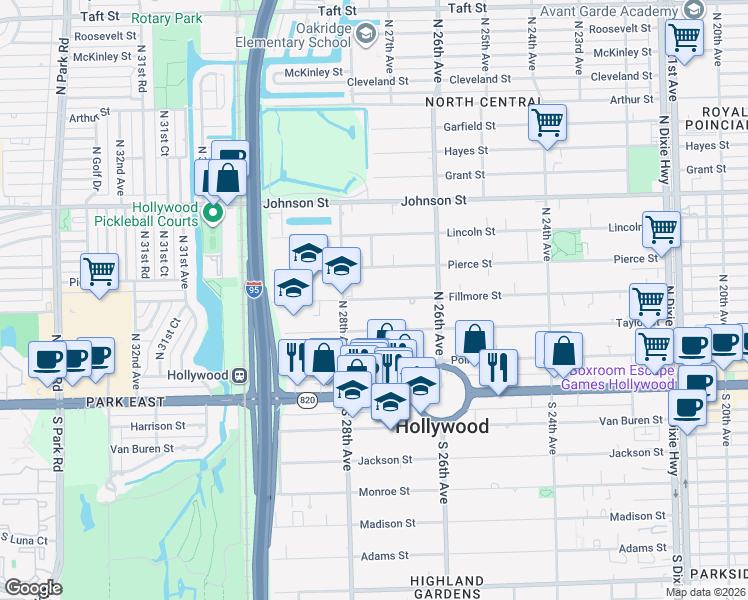 map of restaurants, bars, coffee shops, grocery stores, and more near 2706 Fillmore Street in Hollywood
