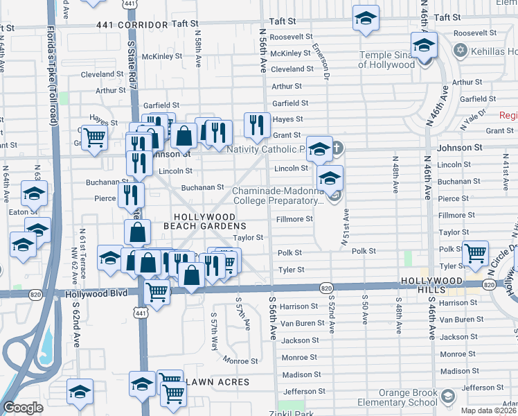 map of restaurants, bars, coffee shops, grocery stores, and more near 5617 Fillmore Street in Hollywood