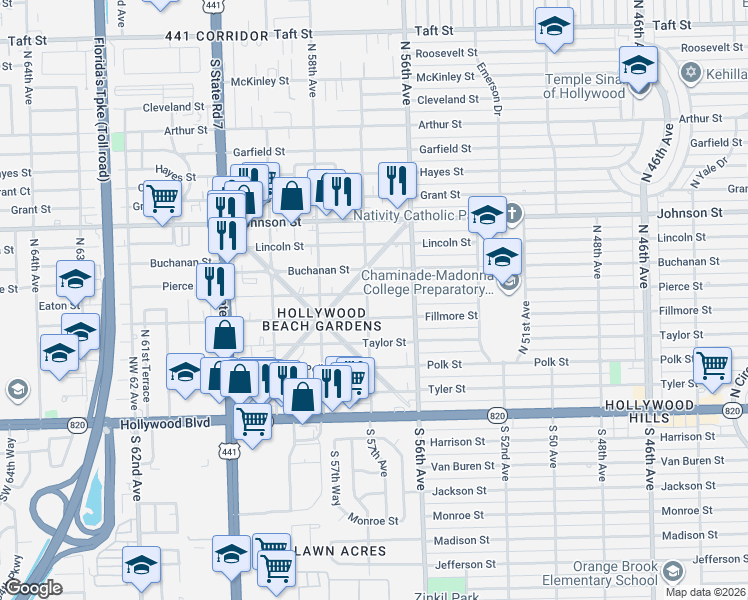 map of restaurants, bars, coffee shops, grocery stores, and more near 5705 Fillmore Street in Hollywood