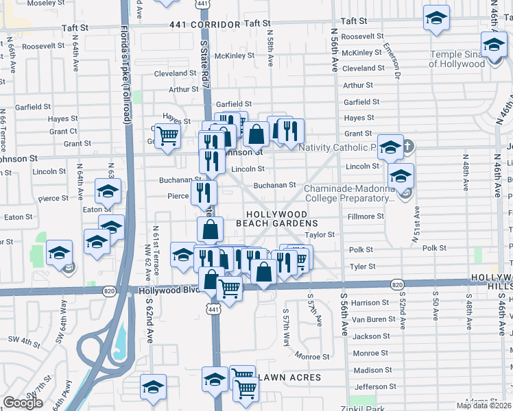 map of restaurants, bars, coffee shops, grocery stores, and more near 5820 Pierce Street in Hollywood