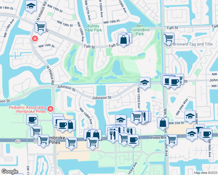 map of restaurants, bars, coffee shops, grocery stores, and more near 10549 Northwest 10th Street in Pembroke Pines