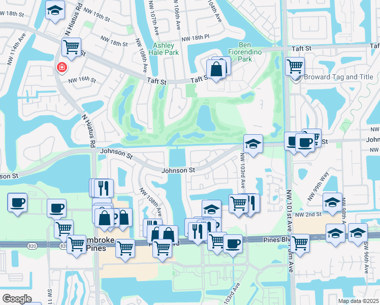 map of restaurants, bars, coffee shops, grocery stores, and more near 1072 Northwest 106th Terrace in Pembroke Pines