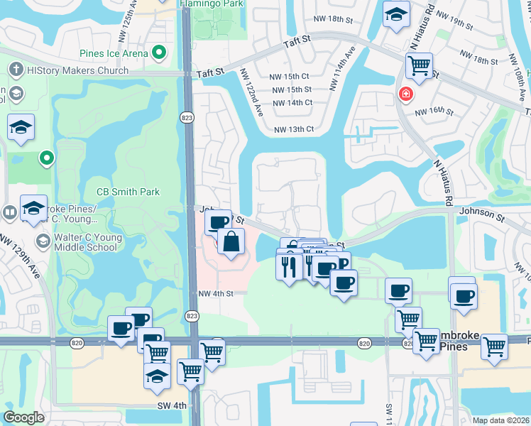 map of restaurants, bars, coffee shops, grocery stores, and more near 12008 Northwest 11th Street in Pembroke Pines