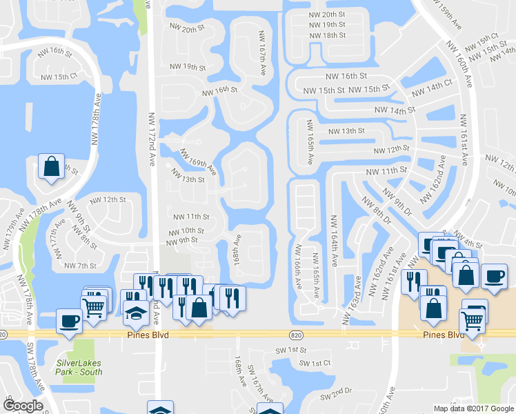 map of restaurants, bars, coffee shops, grocery stores, and more near 16702 Northwest 12th Street in Pembroke Pines